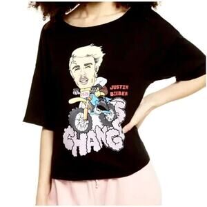 BP Justin Bieber Graphic Shirt Womens Black Short Sleeve Size Medium NWT